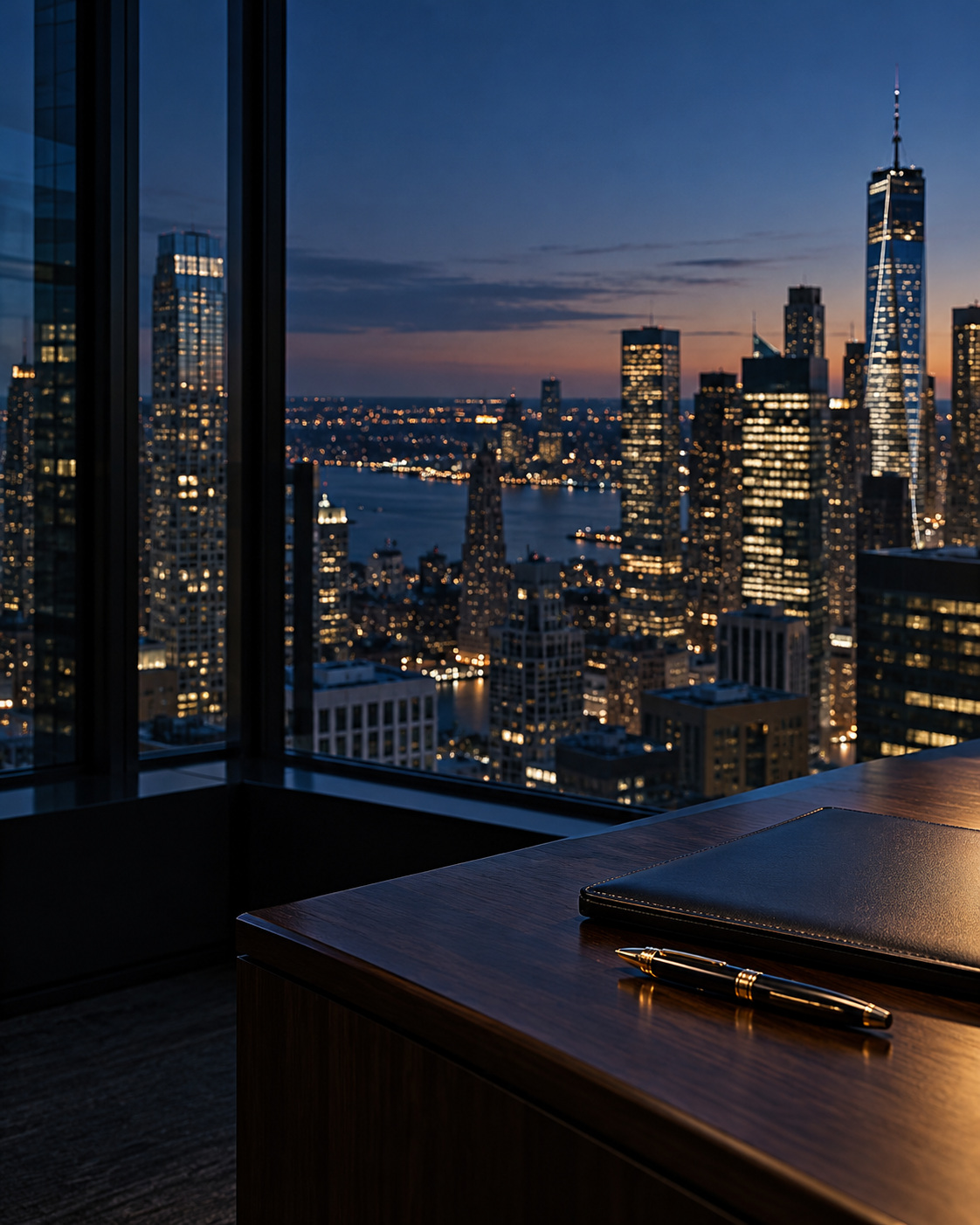 Modern glass office at dusk overlooking a city skyline