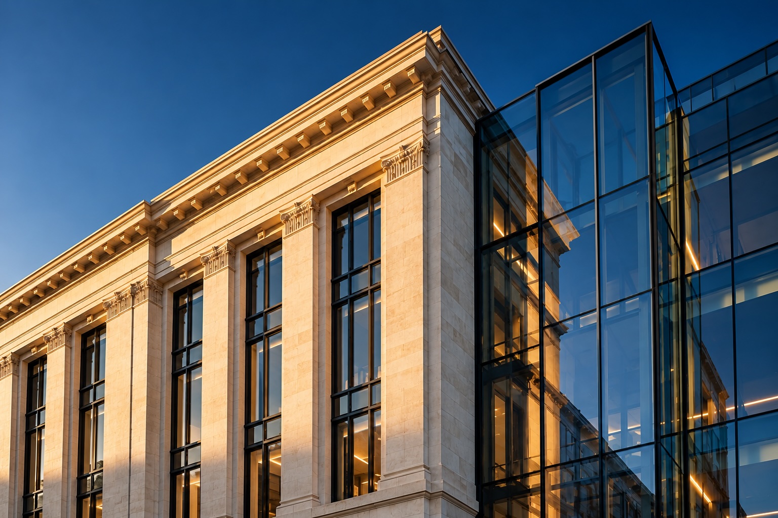 Classic stone facade with a modern glass extension
