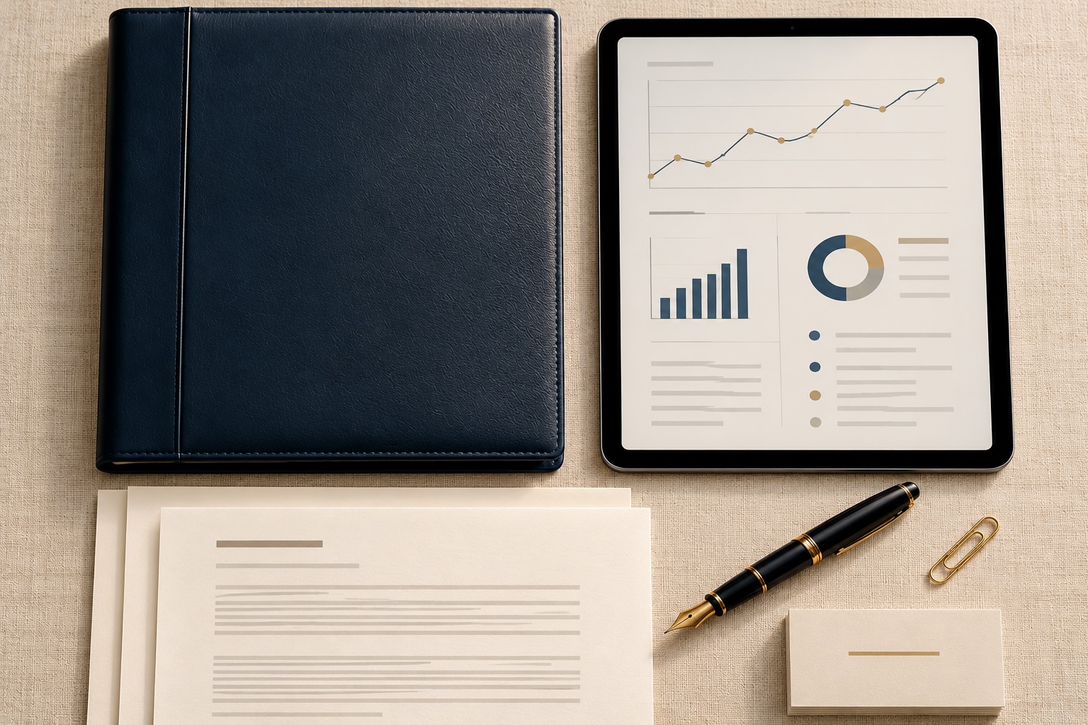 Neatly arranged documents, a fountain pen and a tablet on a linen surface