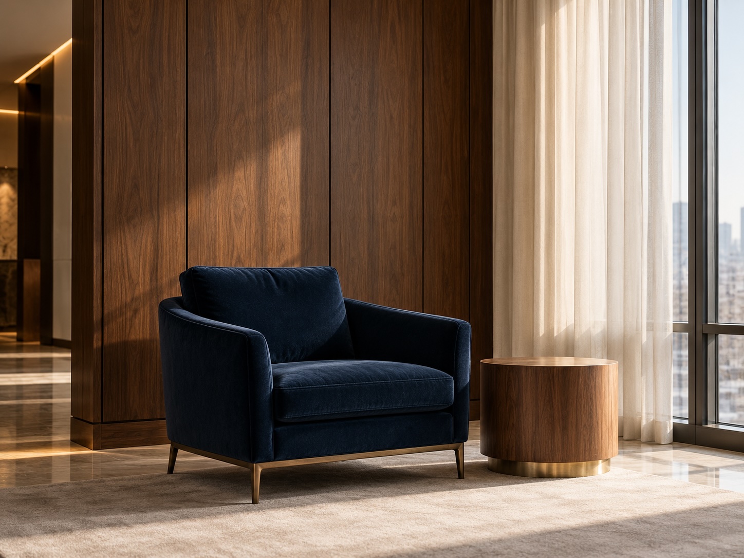 Quiet reception area with walnut wood and brass details